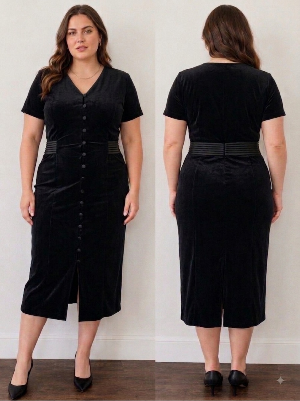 1990s Vintage Black Faux Suede Midi Dress WhimsiGoth Office Dark Academia 16